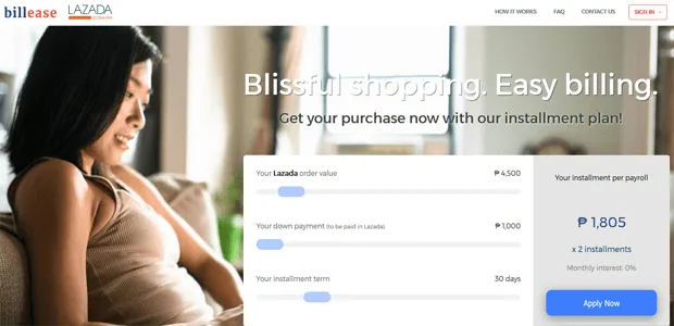 The Billease.ph home page where people can avail 0% installment plan for their Lazada purchases