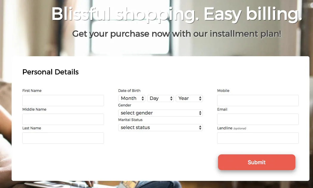 Billease application form for their 0% installment plan for Lazada PH